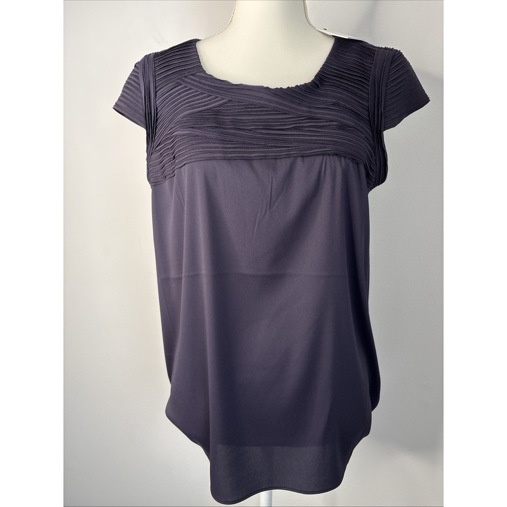 Calvin Klein Women's Medium Blue Textured Blouse Capped Sleeve Artsy Minimalist